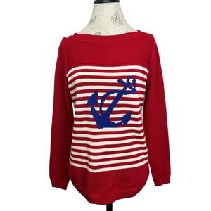 Talbots Red and White Striped Sweater with Blue Anchor, Sz Small